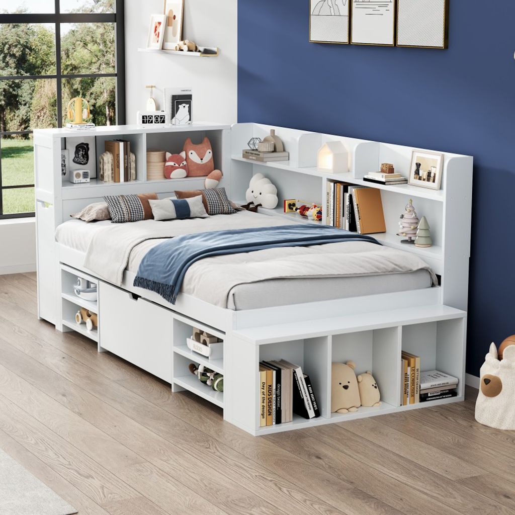 okwish Jugendbett Klassische Betten 90x200cm mit Schubladen, Bücherregal und Stauschrank, Plattformbett Holzbett Bettgestell mit Lattenrost,weiß