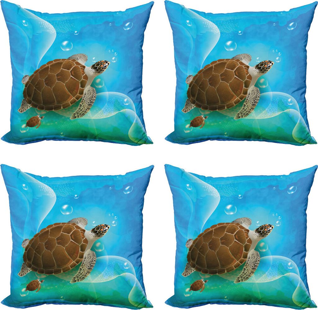 ABAKUHAUS Ozean Kissenbezug Set (4 Stück), Schwimmen Turtle Familie, Moderner Doppelseitiger Digitaldruck, 45 cm x 45 cm, Grün, Blau, Braun