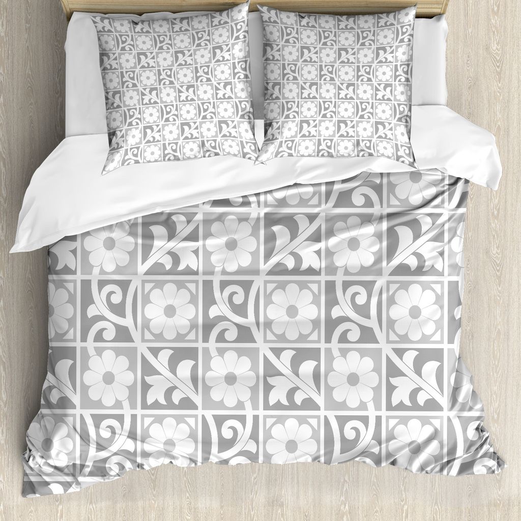 ABAKUHAUS Grau Bettbezug, Königliche Blumenverzierungen, Milbensicher Allergiker geeignet mit Kissenbezügen, 155 cm x 220 cm - 80 x 80 cm, Weiß ...