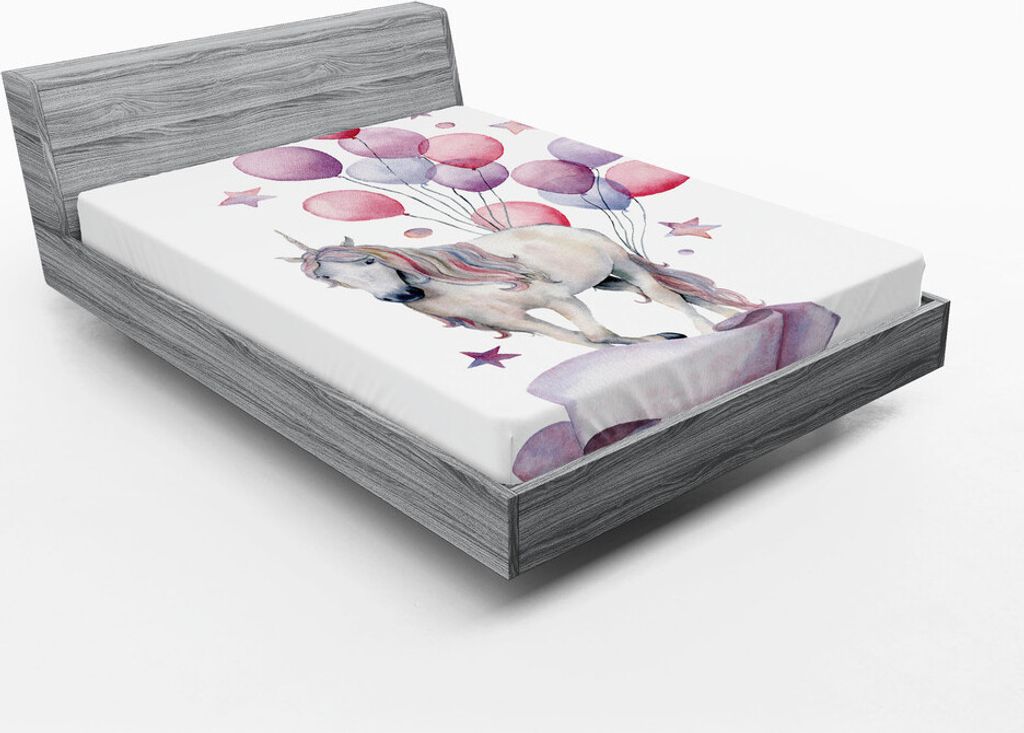 ABAKUHAUS Karneval Spannbetttuch, Fantasy-Thema mit einem Einhorn und violetten Reflexen Luftballons und Sterne Festliche und Dreamy, 120 x 190 cm,...