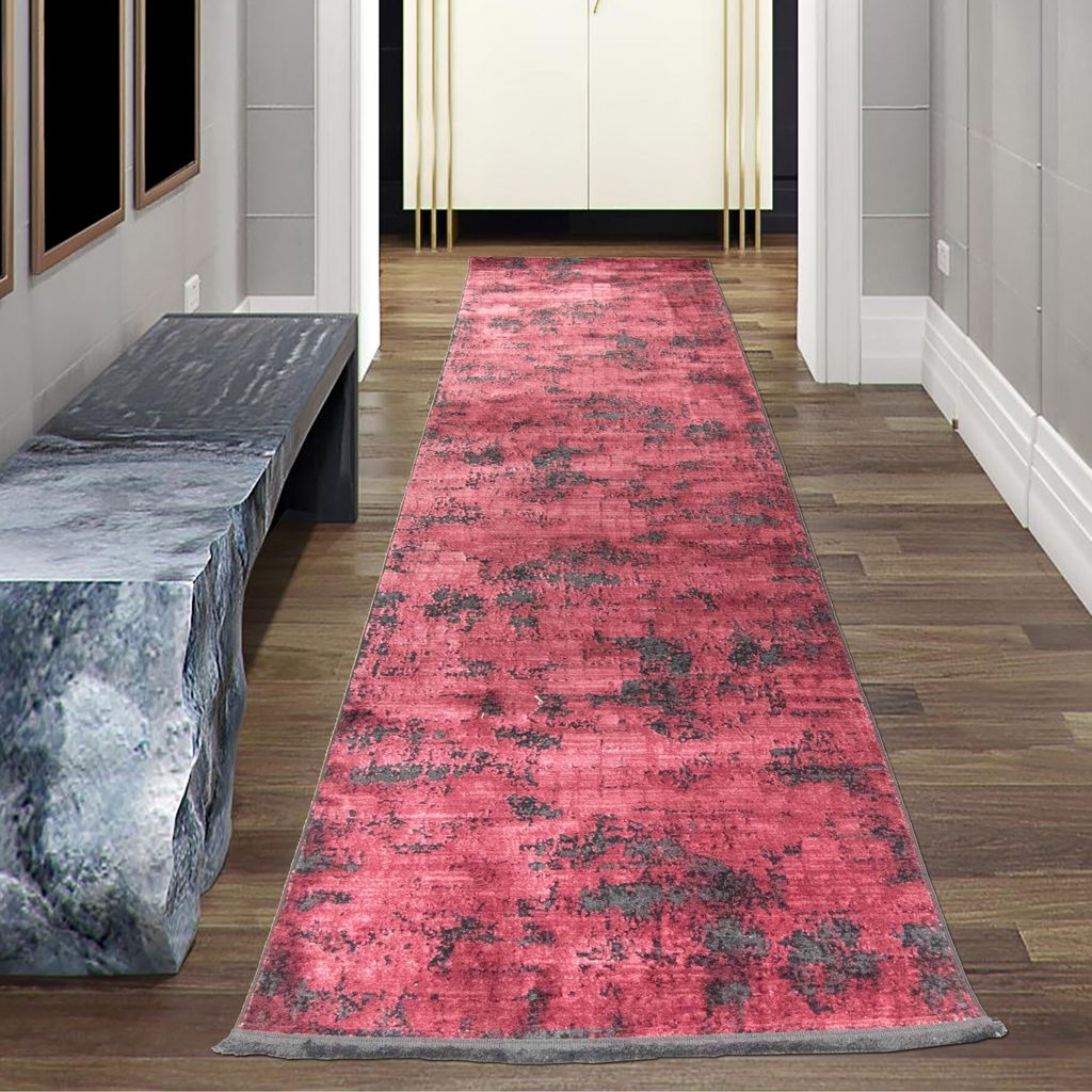 Moderner Teppich Wohnzimmer in Abstraktem Orientalischen Design in Rot auf schwarzem Hintergrund Größe - 80 x 300 cm