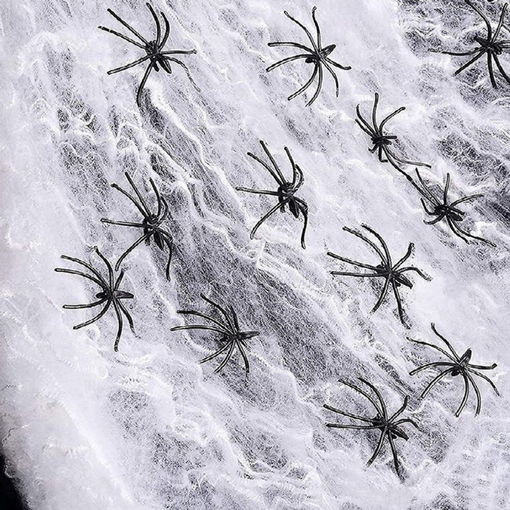 PRECORN realistisches Spinnennetz-Set mit 20 Spinnen - Dekoration für gruselige Atmosphäre drinnen und draußen für Halloween, Fasching und Mott...