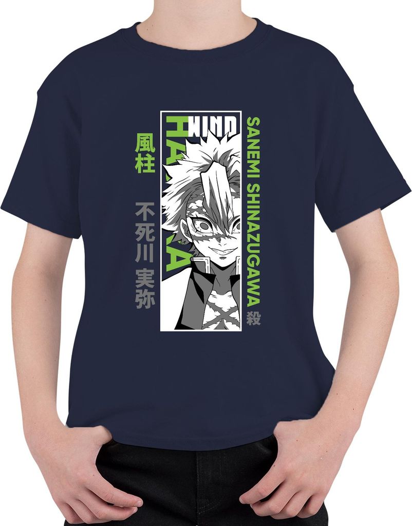 Sanemi Shinazugawa Kimetsu no Yaiba Wind Hashira Anime Narben Uni Kinder T-Shirt, Navy, 104
