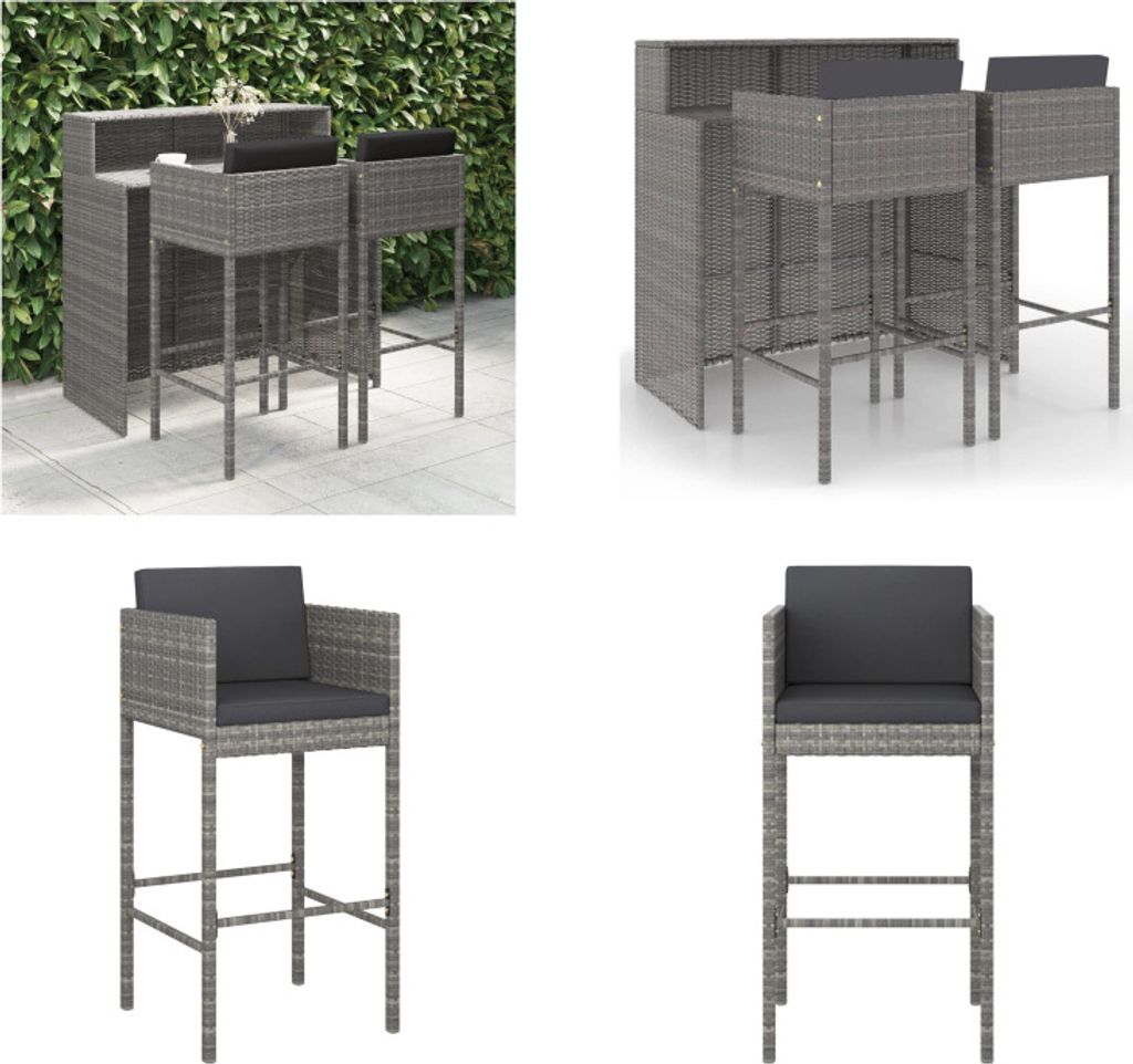 vidaXL 3 tlg. Gartenbar Set mit Kissen Poly Rattan Grau - Garten-Bar-Set - Garten-Bar-Set - Garten-Essgruppe - Garten-Essgruppen