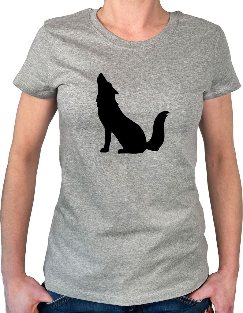 Huuraa Damen T-Shirt Heulender Wolf Silhouette M Sport Grey Bio Baumwolle Fairtrade Damenshirt Geschenkidee