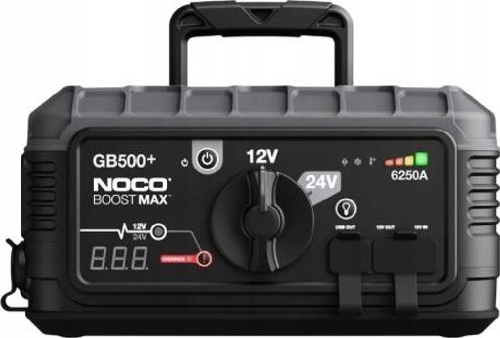 A black and gray Noco Genius Booster GB500+ jump starter is shown against a black background.
