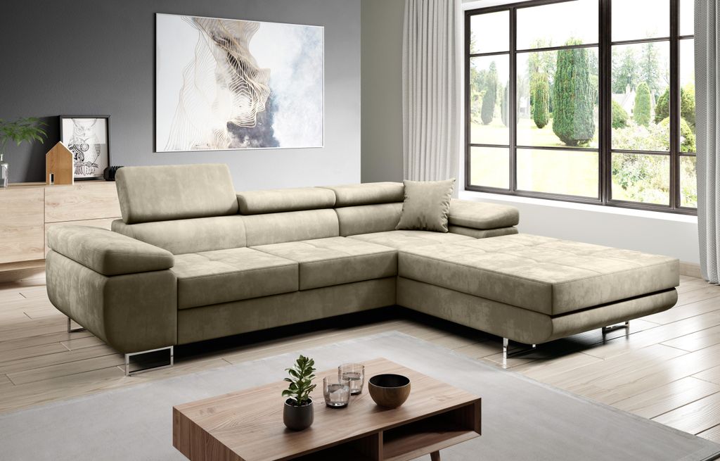 FurMeb24 ECKSOFA LAZZANO MONOLITH - rechte seite - BEIGE - mit schlaffunktion und bettkasten