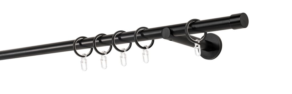 Gardinenstange auf Maß 20mm Cap 1-lauf Wandträger 12cm Farbe: Schwarz, Größe: 210cm