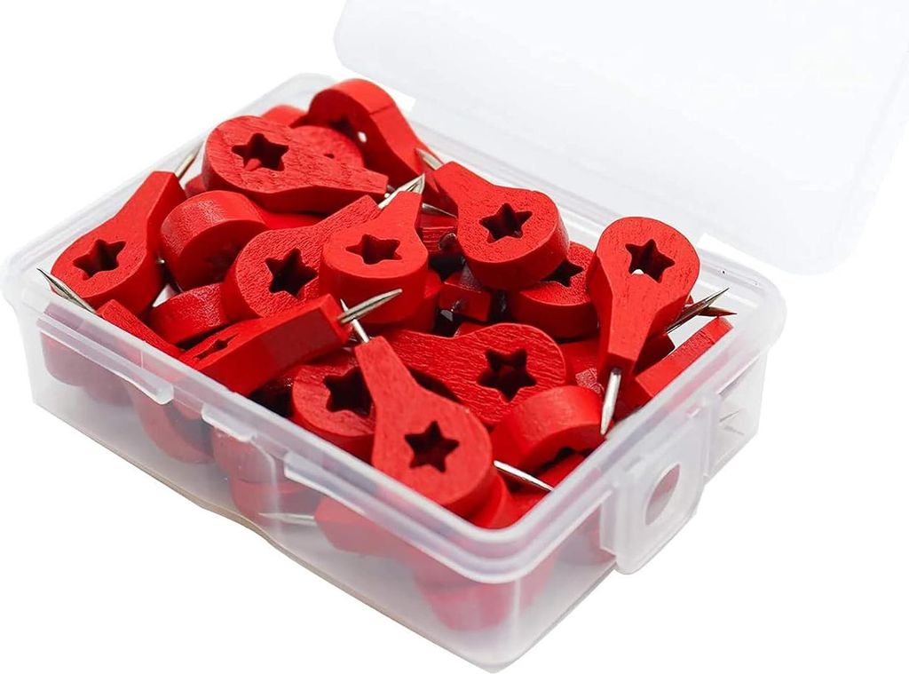 Rote Holz-Push-Pins - 40 Stück, Weltkarte Daumennägel im Stern/Pfeil-Design für Korktafeln und Fotowände