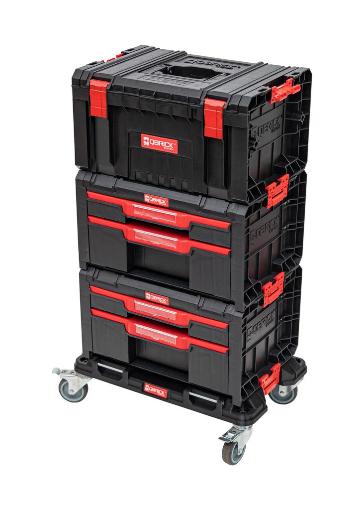 A stack of black and red toolboxes with wheels.