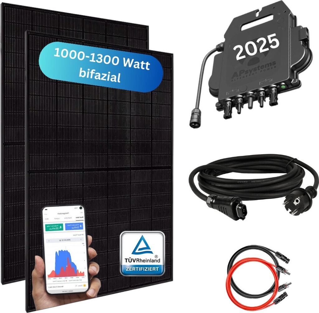 MYVOLTAICS Balkonkraftwerk MyBasic XXL 1000+ Watt, bifazial, Wechselrichter (APsystems 2025), Steckerfertig - einstecken. fertig. - 10m