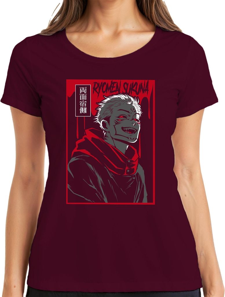 Ryomen Sukuna Jujutsu Kaisen Dämon Rot Anime Ästhetik Geschenk Damen T-Shirt, Burgundy, S