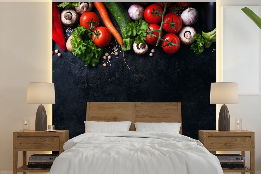 MuchoWow Fototapete für Wohnzimmer oder Schlafzimmer Wandtapete Vinyl Motivtapete Gemüse - Kräuter - Gewürze - Schwarz - Rustikal - Küche - ...