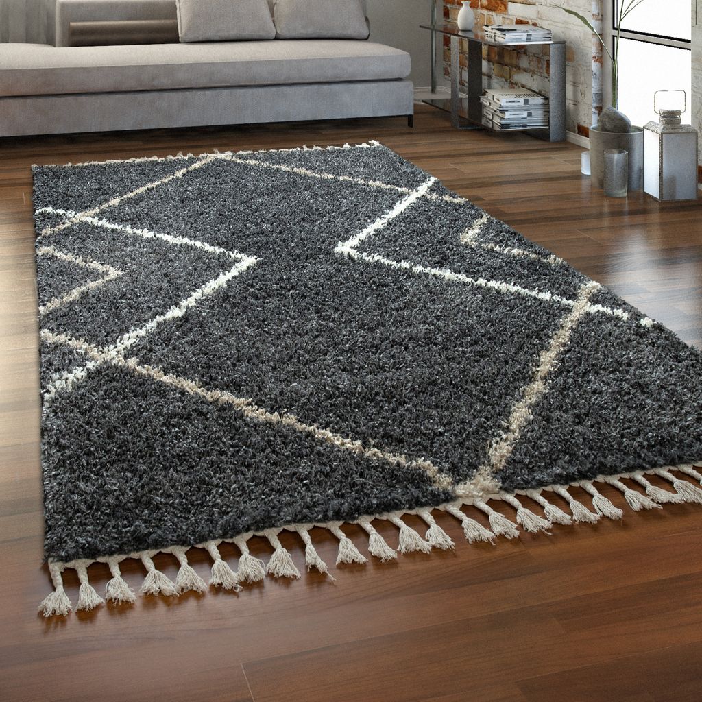 Hochflor Teppich Wohnzimmer Shaggy Langflor Skandi Muster Produktbild 