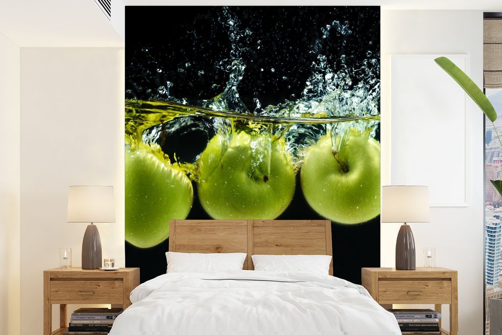 MuchoWow Fototapete für Wohnzimmer oder Schlafzimmer Wandtapete Vinyl Motivtapete Äpfel - Obst - Wasser - Schwarz - Grün - 205x280 cm - Wandbild