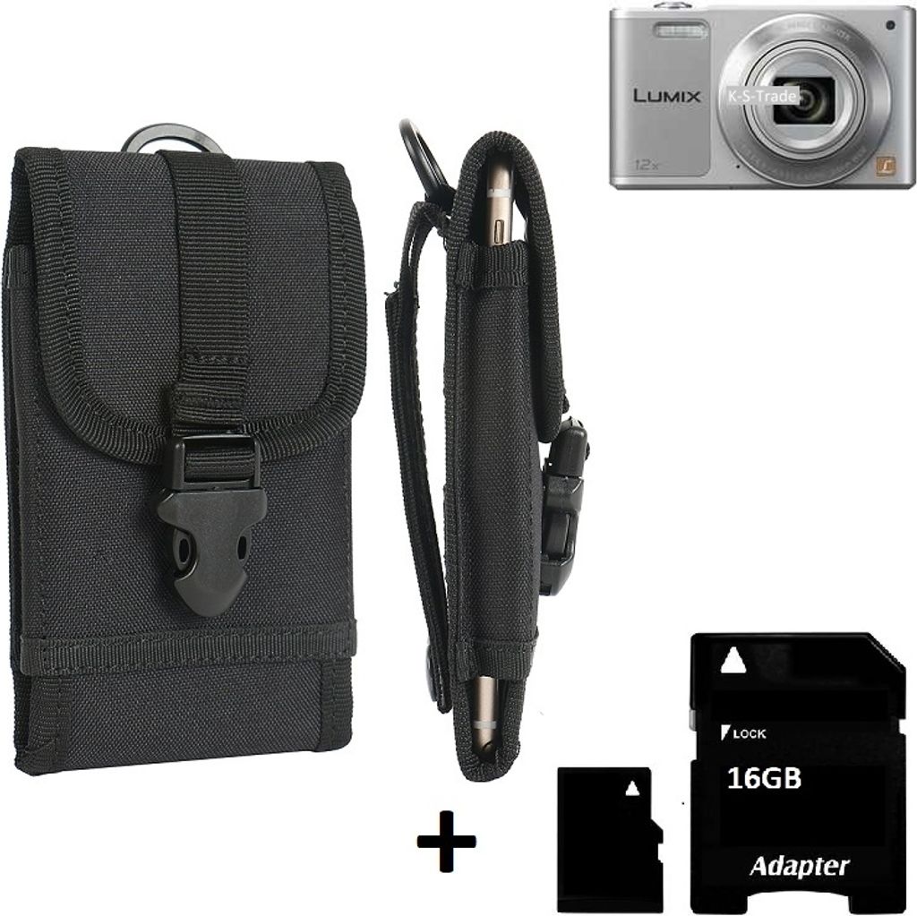 K-S-Trade Kameratasche Gürteltasche kompatibel mit Panasonic Lumix DMC-SZ10 Outdoor Gürtel Tasche für Kompaktkamera + 16GB Speicherkarte Holster