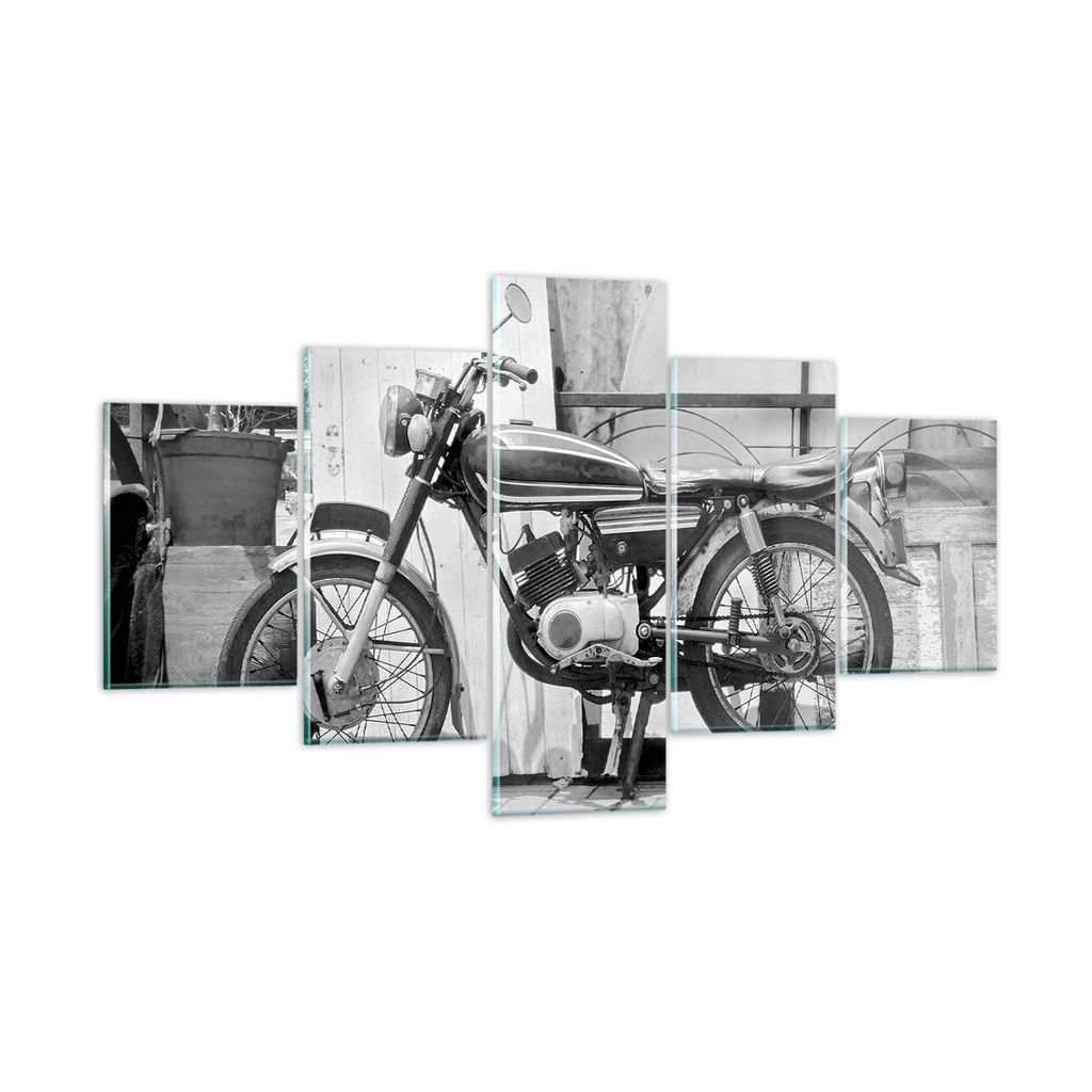 Bilder auf glas - 5 Teile - Alt Motorrad Schwarz und Weiß - 125x70cm - Glasbilder - Wandbilder - Bilder - Wanddekoration aus Glas - Glas Bilder - ...