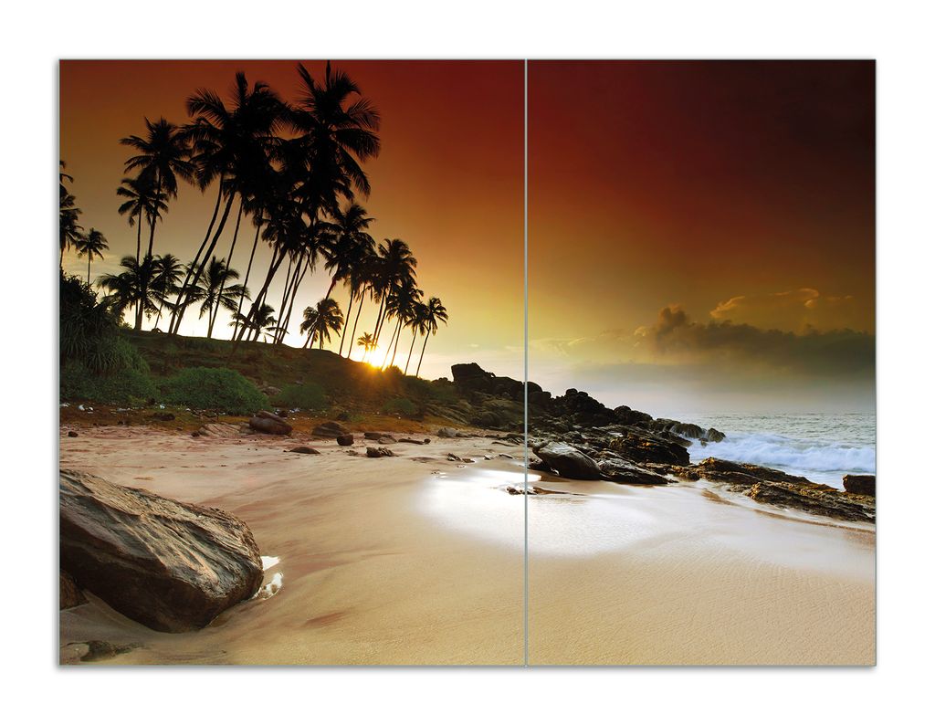 Wallario Herdabdeckplatte aus Glas, Größe 70 x 52 cm 2-teilig, Motiv Sri Lanka - Palmenstrand mit Sonnenuntergang