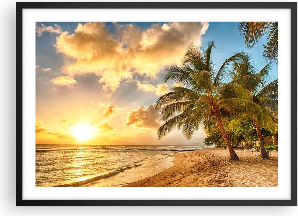 Gerahmtes Poster - Schwarzer Rahmen - Strand Meer Palme - 70x50 cm - Wand Bild - Wanddeko - Wandbilder - Kunstposter - Wandposter - Bilderrahmen - ...