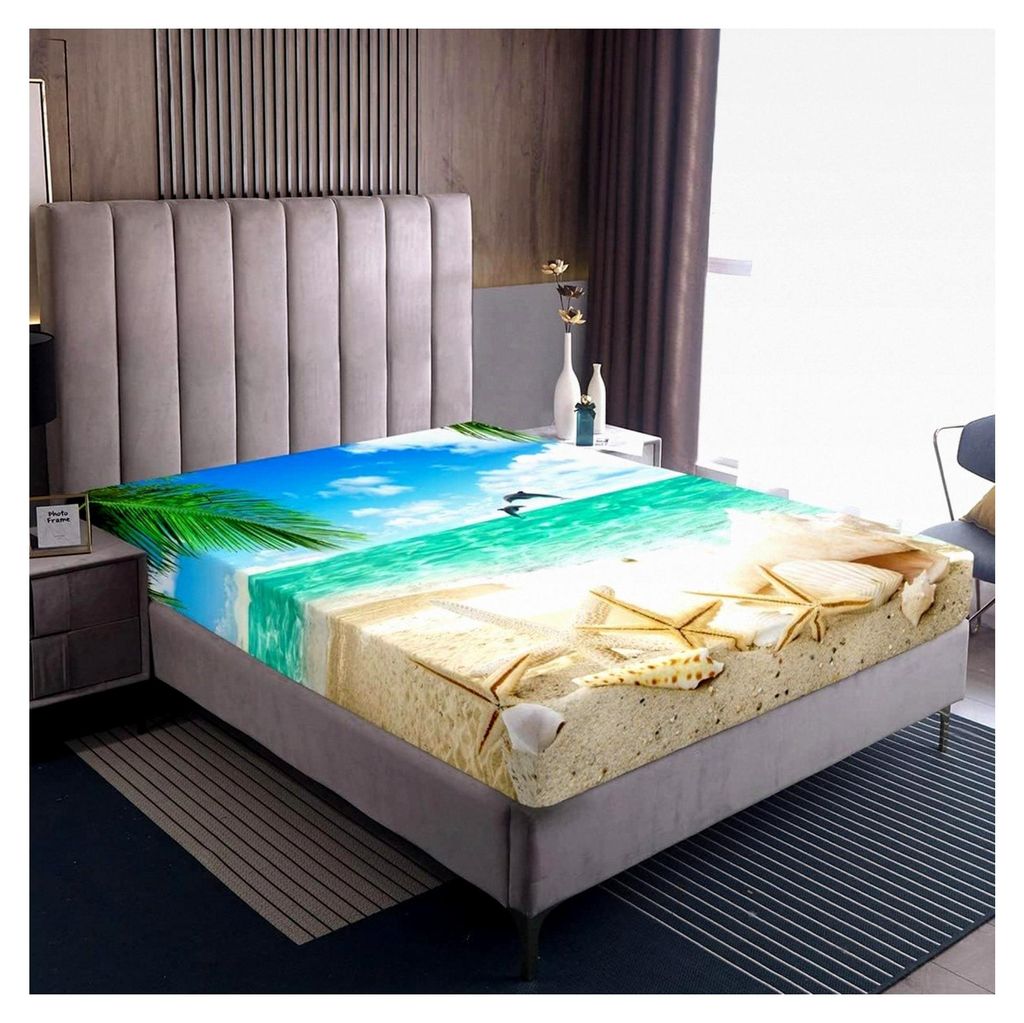Spannbettlaken mit Meeresmotiven 140 x 200 cm - hawaiianische Muscheln und Seesterne, bedruckt, tropische Palmblätter, niedliche Delphine, atmungs...