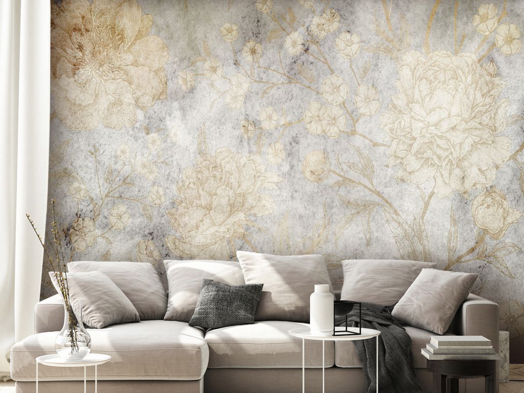 Vlies Fototapete Abstrakt 350x256 cm Tapeten Wandtapete XXL grau golden Natur Blumen wie gemalt b-C-0803-a-a