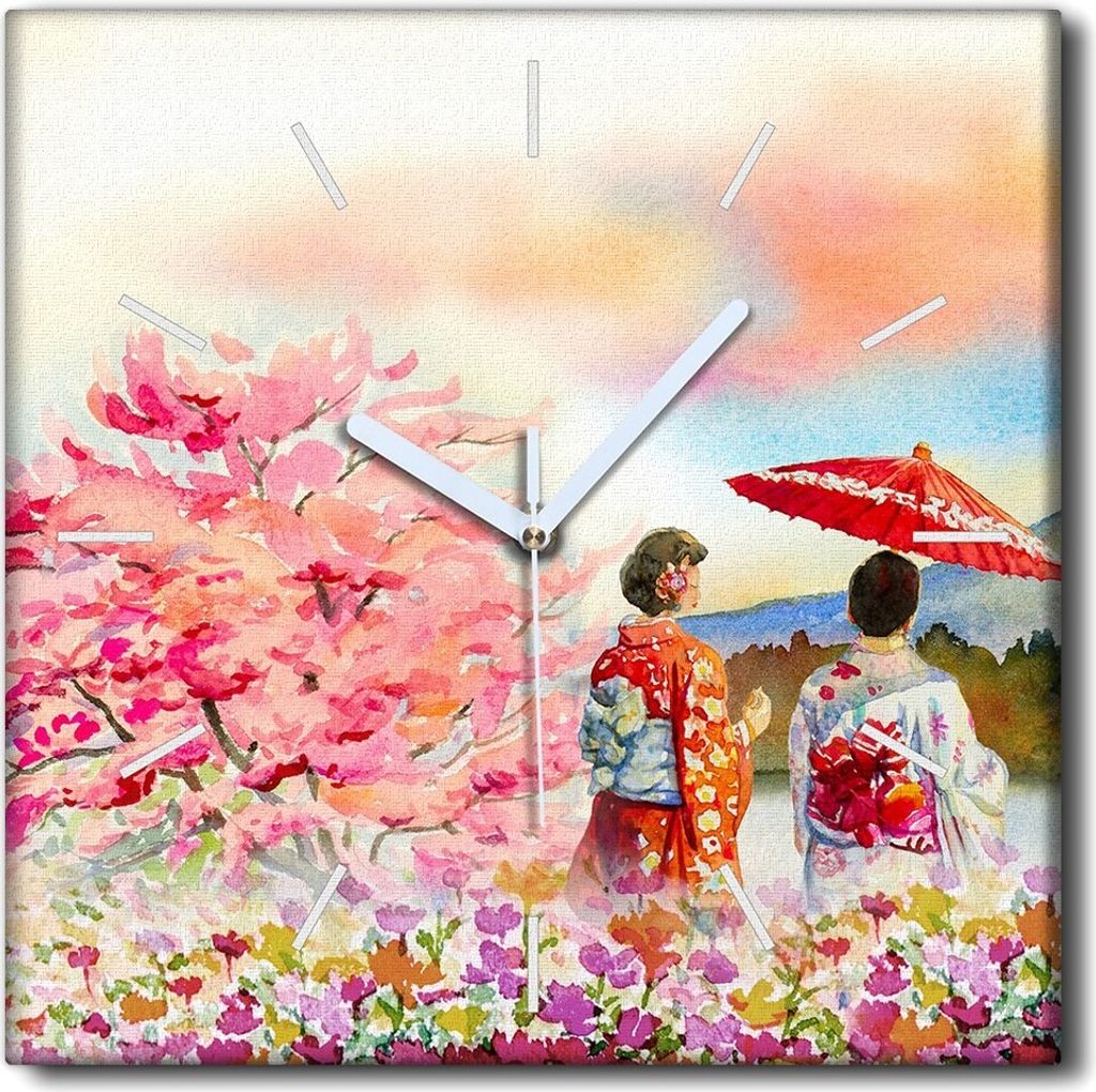 Coloray Uhr auf Leinwand 30x30 cm Wand Uhr Dekoration Wohnzimmer Segeltuch weiße Zeiger -Japan Mount Flower.