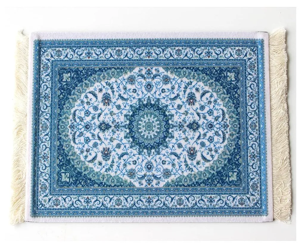 Petit tapis de souris textile bleu à motifs ethniques et sous-verre