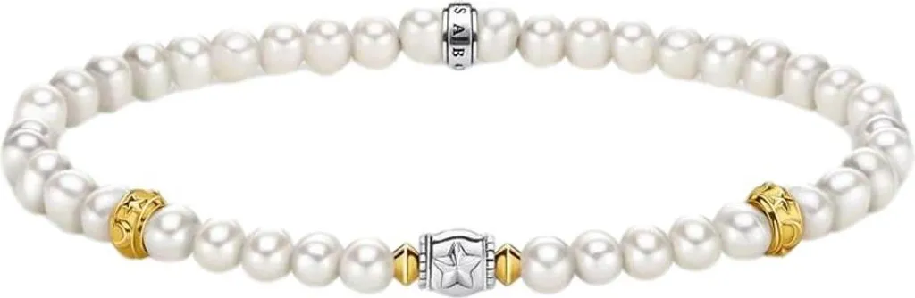 Bracelet Femme Ajusté 15,5cm Perles Beiges et Lune en Argent Anti-Terni