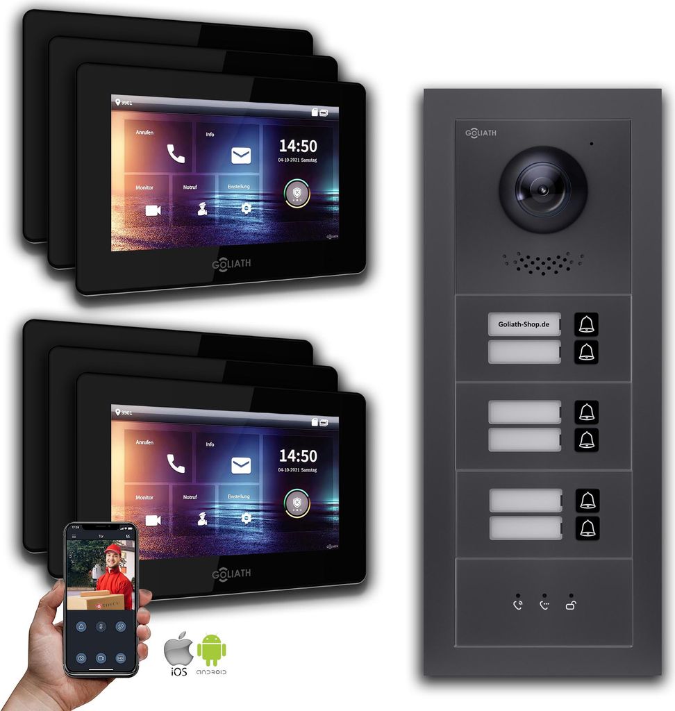 Goliath IP Video Türsprechanlage: 7-Zoll 6 Familienhaus, Anzeige, Anthrazit : 7 Zoll Weiß : Aufputz Dose Monitor Farbe: 7 Zoll Weiß Montage: Auf...