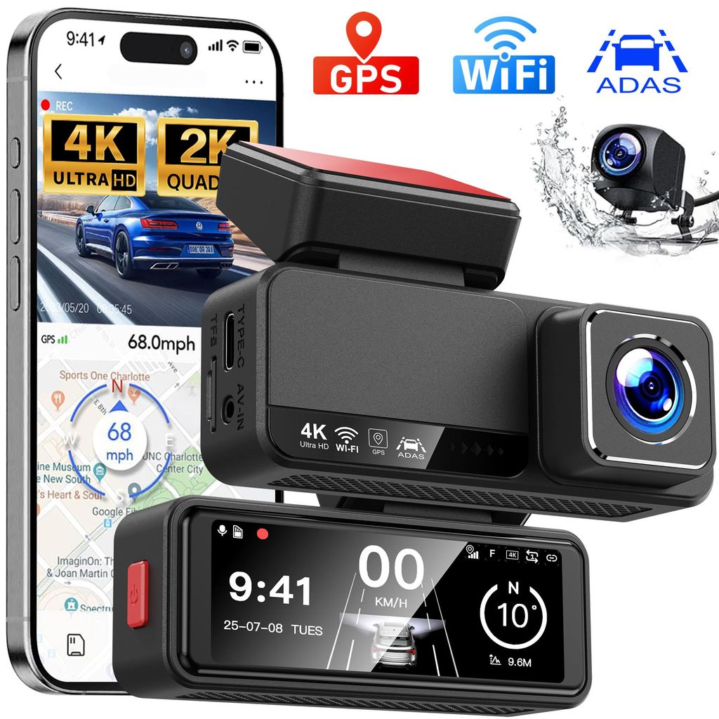 ADAS Dashcam Auto,2-Kanal 4K+1080P Autokamera,3.2 Zoll mit GPS Dashcam , (WLAN (Wi-Fi), Zeitrafermodus, App-Steuerung Autokamera,140°Ultraweitwinkel