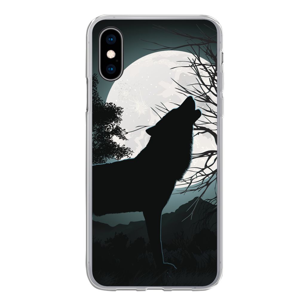 MuchoWow Handyhülle Schutzhülle Hülle für iPhone X Wolf - Scherenschnitt - Mond Silikon Softcase Handy Hülle - Handyhülle