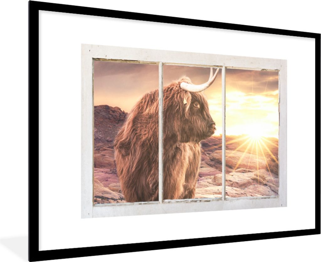MuchoWow Gerahmtes Poster Schottischer Highlander - Aussicht - Sonnenuntergang 90x60 cm - Poster mit Schwarzem Bilderrahmen Wandposter Rahmen Fot...