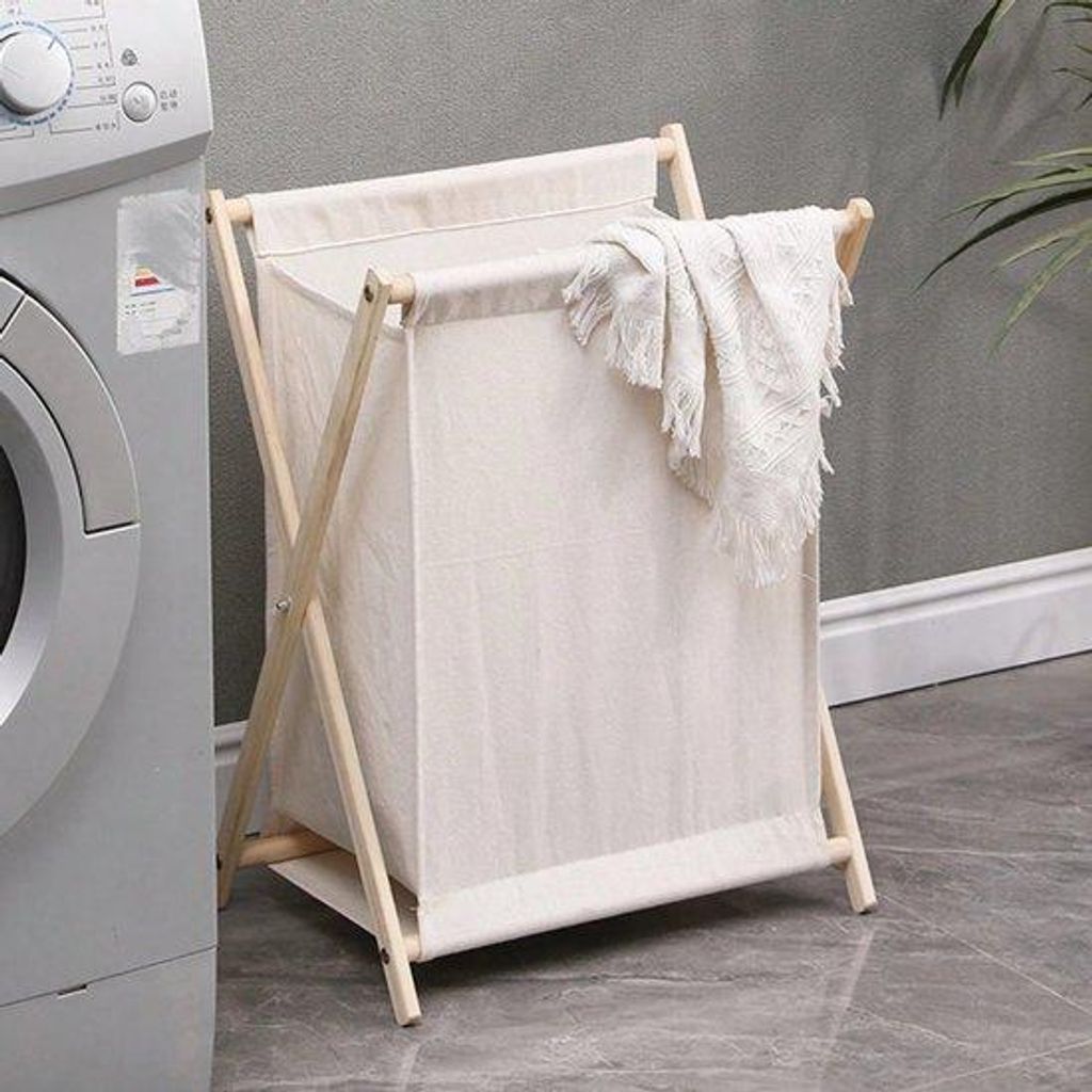 Opvouwbare Stoffen Wasmand mit Hölzern Frame – Inklapbare Wasbox 57×42×30 cm – Wasgoedmand für Badezimmer, Schlafzimmer und Waschkammer –...