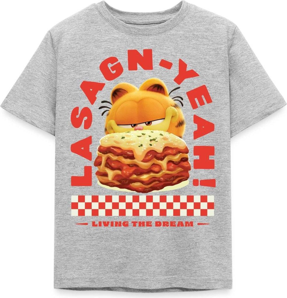 Spreadshirt Garfield Lasagn-Yeah Witziges Wortspiel-Design Kinder T-Shirt, 122/128 (7-8 Jahre), Grau meliert