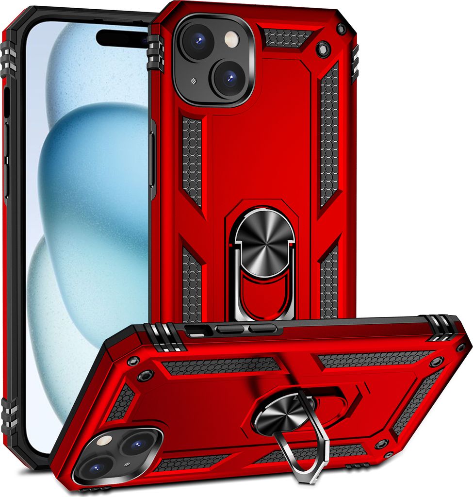 Schutzhülle für iPhone 15 Plus, Dual Layer Militäre Fallschutz Hülle mit Ringhalterung Ständer für iPhone 15 Plus Rot
