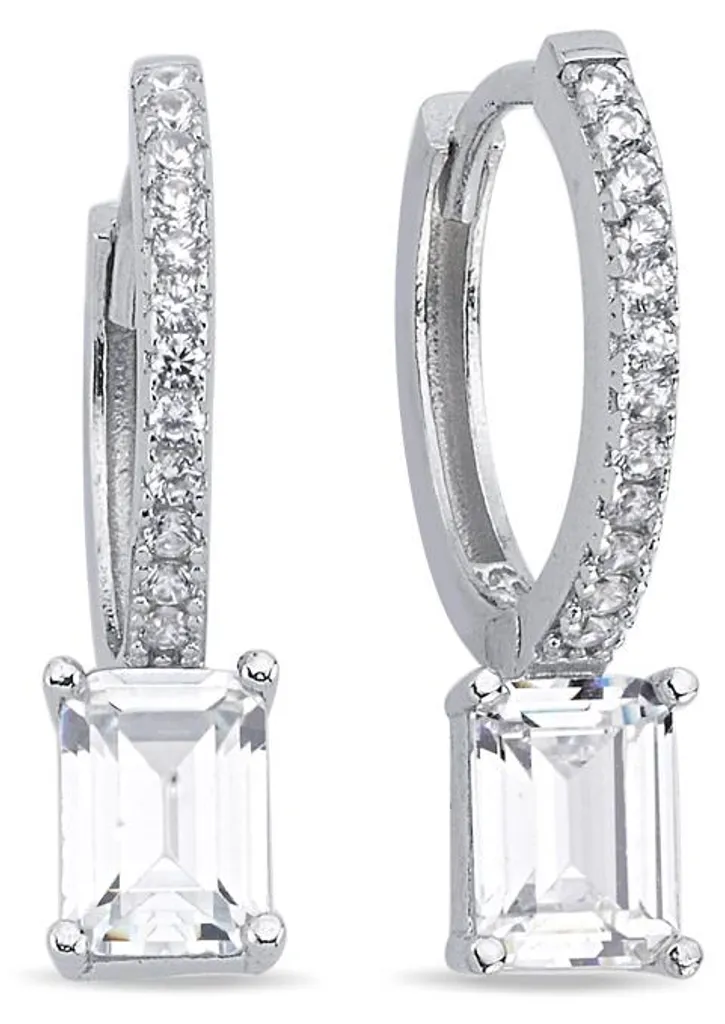 Boucles d'oreilles créoles rhodiées avec zircons baguette argent massif