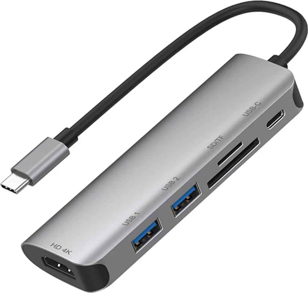 Hub USB-C 6-en-1 HDMI 4K avec USB 3.0 et Double Lecteur de Carte SD Gris