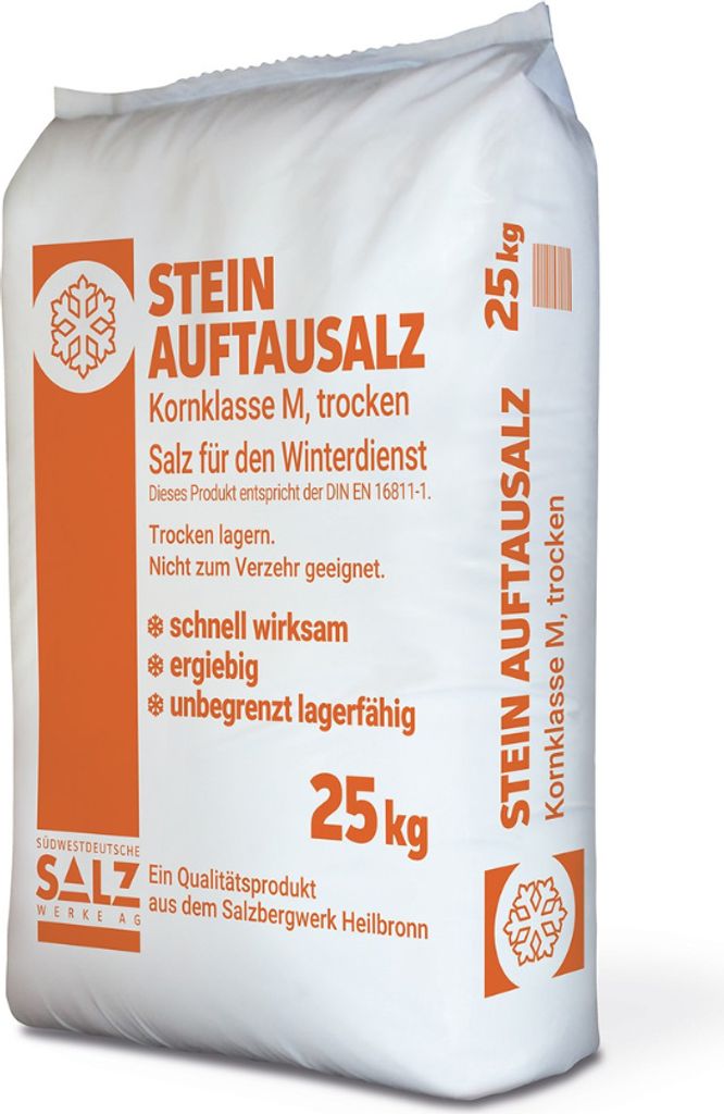 A white bag of rock salt for de-icing roads.