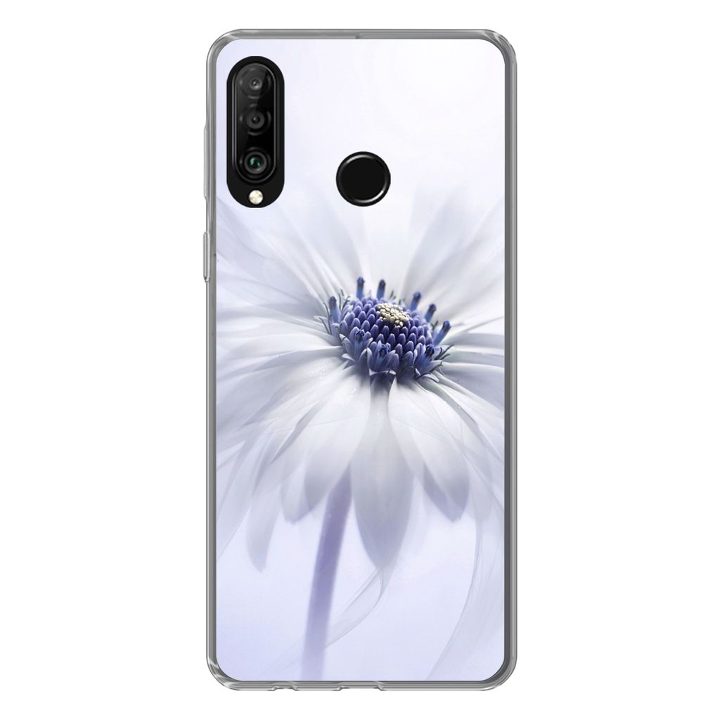 A clear product shot of a phone case with a white flower design.