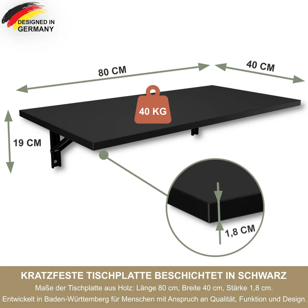 Table de bar murale stable et pliante Noire - Plateau de table 80 cm