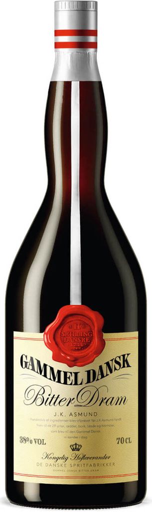 A bottle of Gammel Dansk Bitter Dram on a white background.