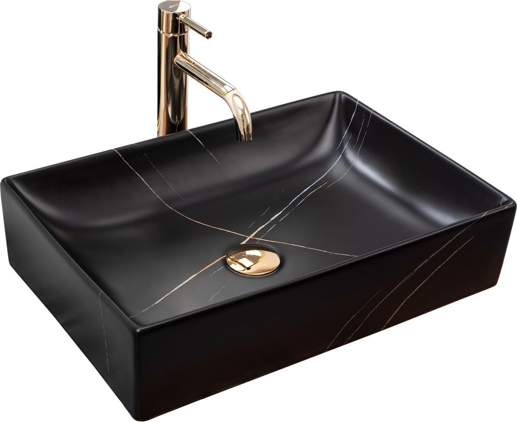 A black rectangular vessel sink with gold veining and a gold faucet, shown against a white background.