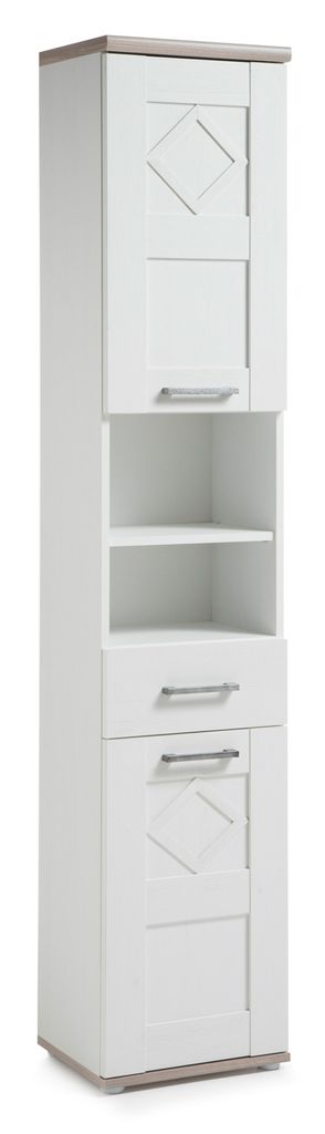 A tall, narrow white cabinet with a gray top edge and base.