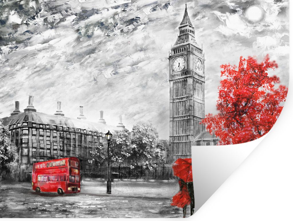 MuchoWow Wandtattoo Wandsticker Wandaufkleber Gemälde - Big Ben - Rot - Regenschirm 80x60 cm Selbstklebend und Repositionierbar - Faltenfrei