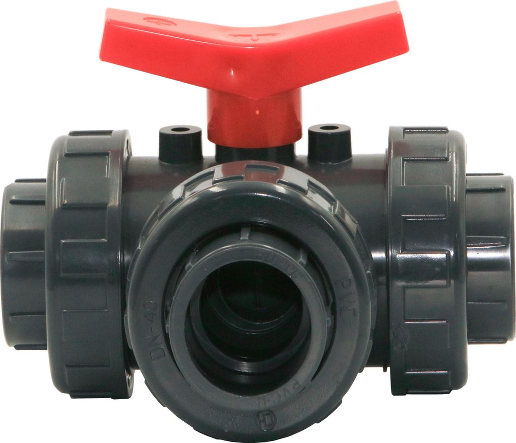 HAF 1x PVC 3 Wege Kugelhahn T-Bohrung mit 63mm | Klebemuffe x Klebemuffe x Klebemuffe | Absperrhahn aus grauem PVC-U | PN16 für Pool & Teich