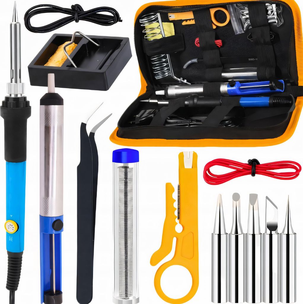 Lötkolben Set mit Koffer Lötstation Temperatur 300°C 5 Spitzen Entlötpumpe Lötkolbenständer Pinzette Sauberer Schwamm Lötset 60W 17-tlg Retoo