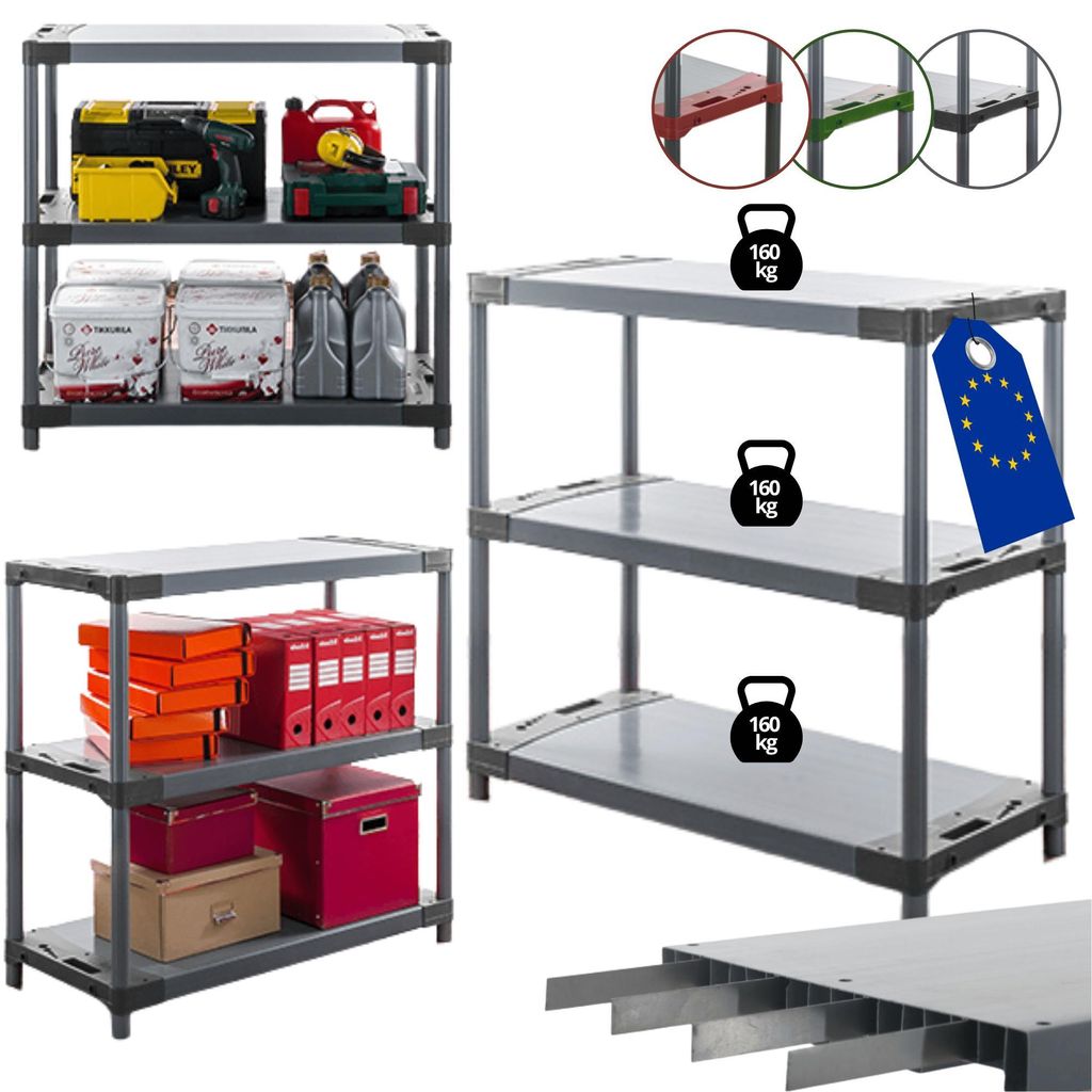 MODO24 Kunststoffregal, 3 Ablagen, 160kg/Boden, Schwerlast, Steckregal, Lagerregal, Plastikregal, Werkstatt, 98x110x46?cm, Grau, TYTAN