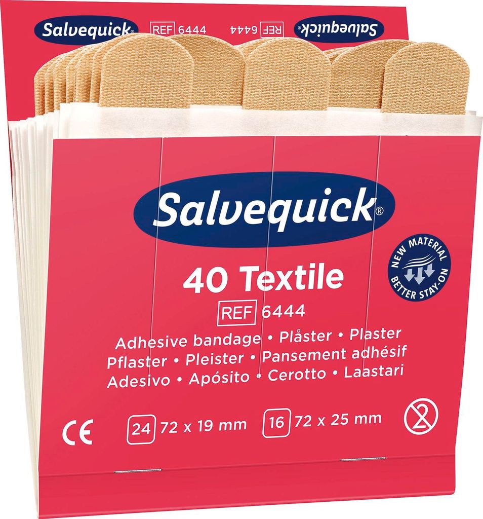 A product shot of Salvequick textile bandages in their packaging.