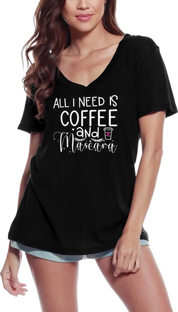 Damen Grafik T-Shirt V-Ausschnitt Alles was ich brauche ist Kaffee und Wimperntusche - lustiges Make-up – All I Need Is Coffee And Mascara - Make Up