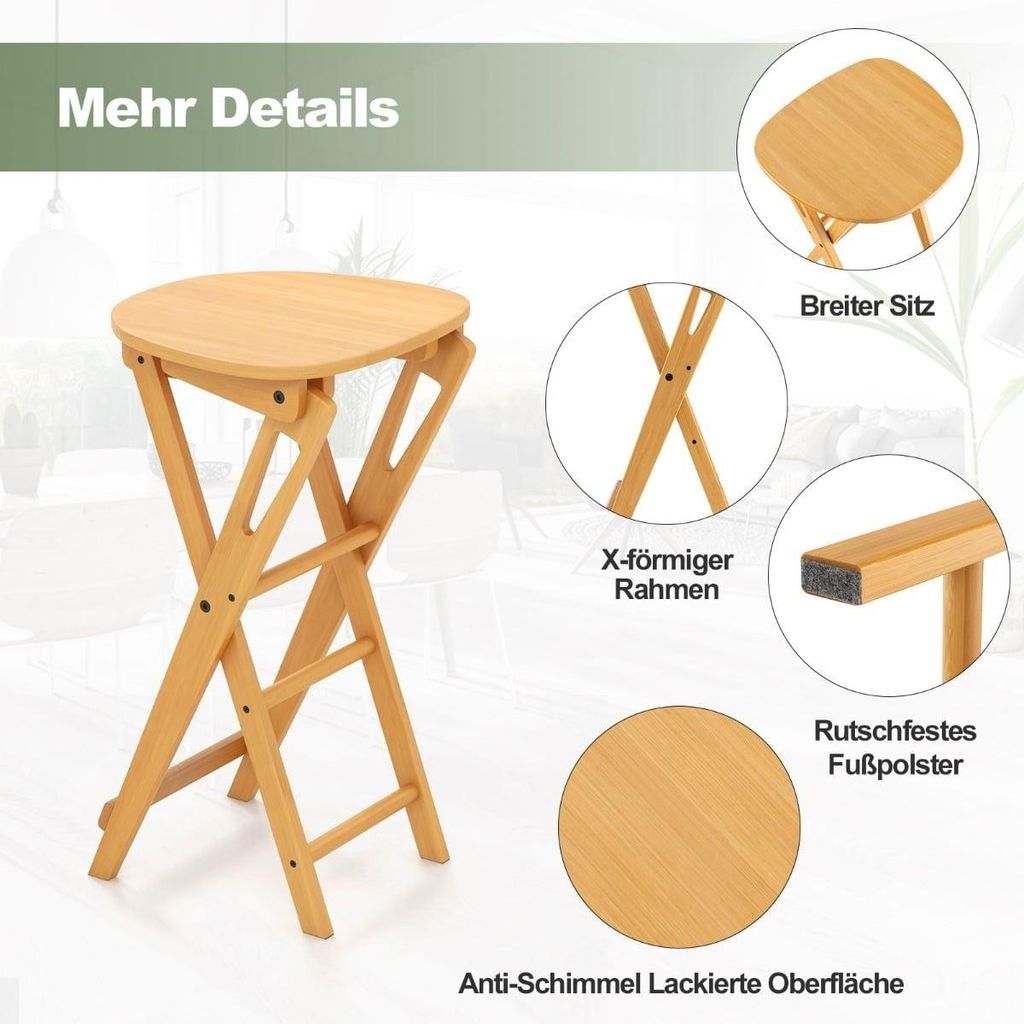 Klappbare Barhocker aus Bambus, 2er-Set, Sitzhhe 61 cm